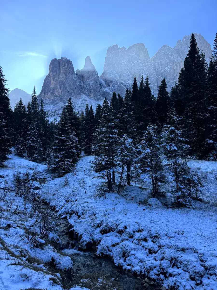 odle peaks coming out of the forest with the Zenon stream and snow on the groound