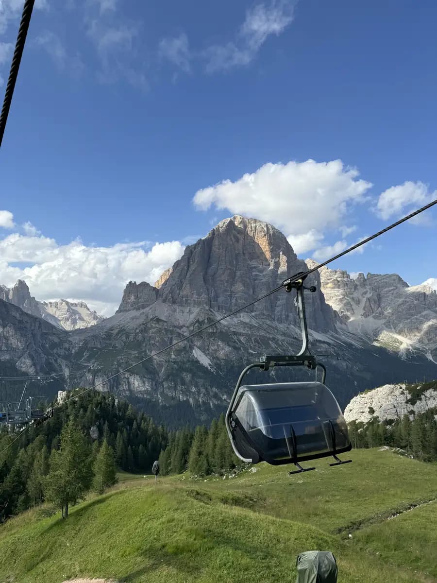 cable cars looking out onto the Sassolungo (Langkofel) mountain on the way to the rigugio at cinque torri