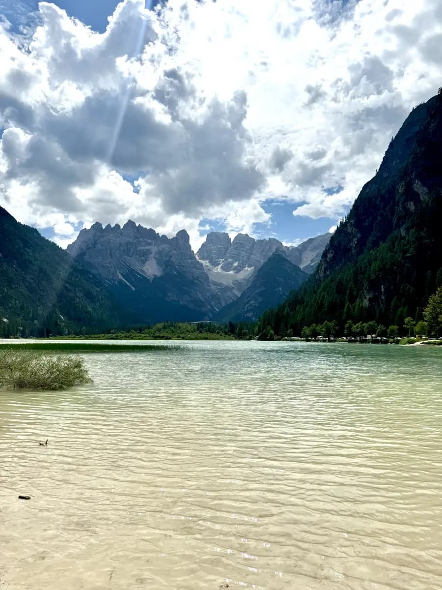 view of the peaceful lago di landro in the dolomites in august