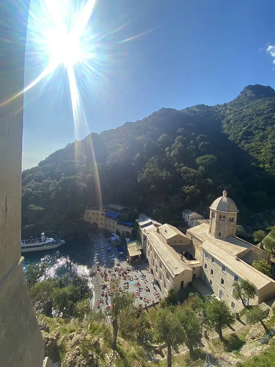 walk up the stairs to see the birds eye view of san fruttuoso and the beach