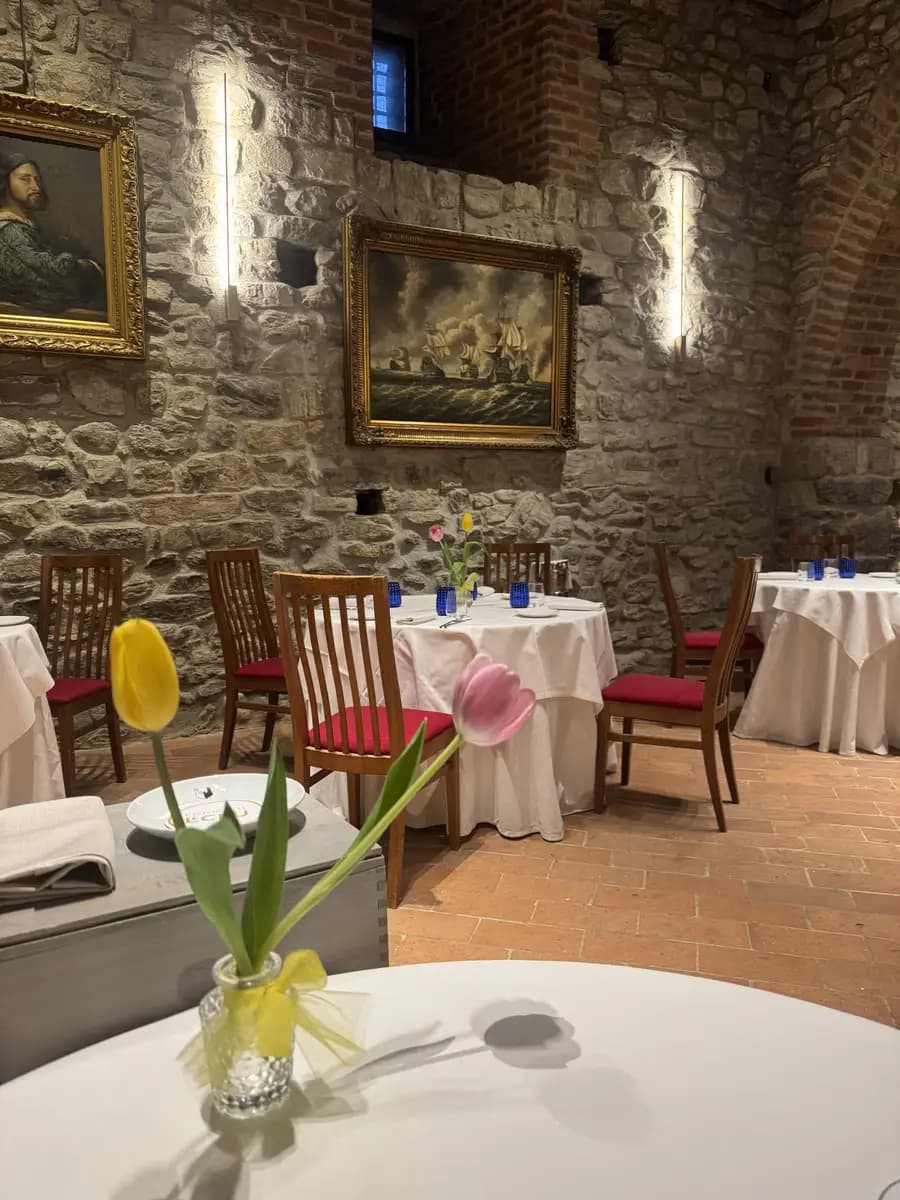 picture of rose, bread and the interior of the restaurant