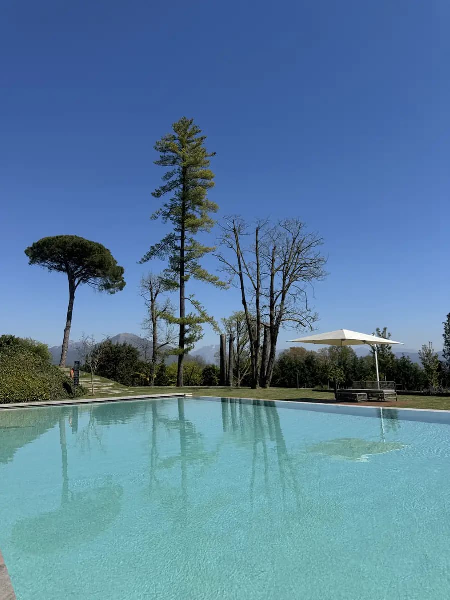 picture inside the outdoor pool with a view of the trees, gardens and mountains in the background