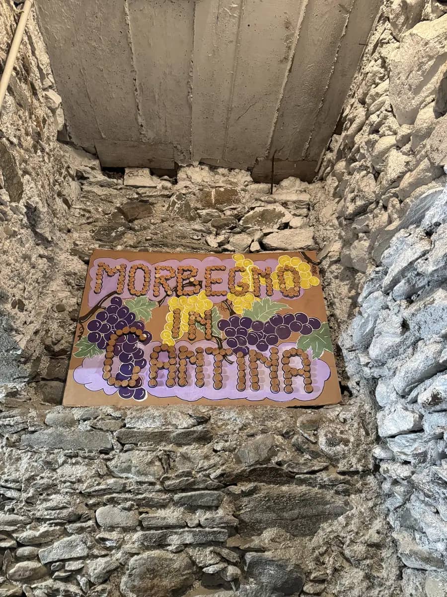 the words morbegno in cantina written on the wine cellar walls in wine corks